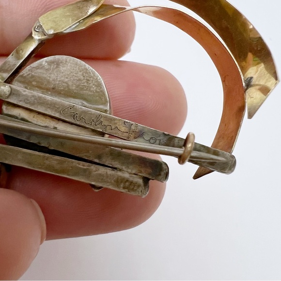 Vintage Carolyn Thomas 14K Gold Sterling Brass Mabe Pearl Emerald Brooch Pin - Picture 15 of 15